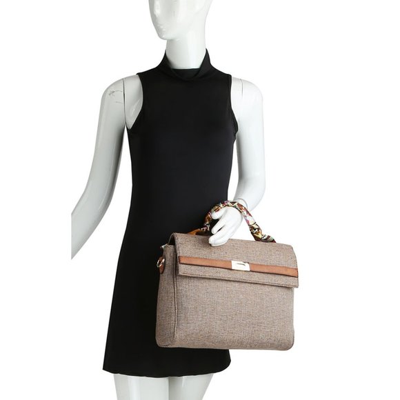 Linen Scarf Handle Satchel in Coffee - Picture 5 of 5